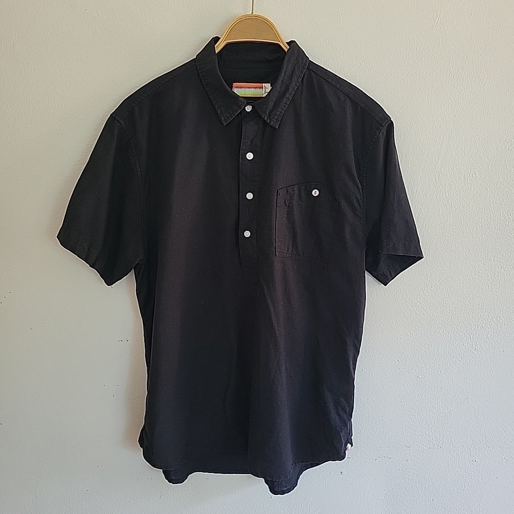 Sludr Half Button Shirt Large Black Linen Blend Basic Casual Minimalist Travel